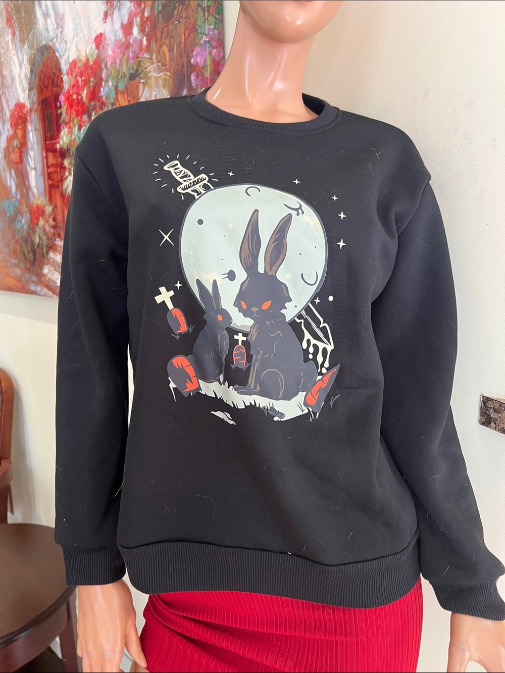 Black evil Bunny rabbit in graveyard S Crewneck Sweatshirt -nwt